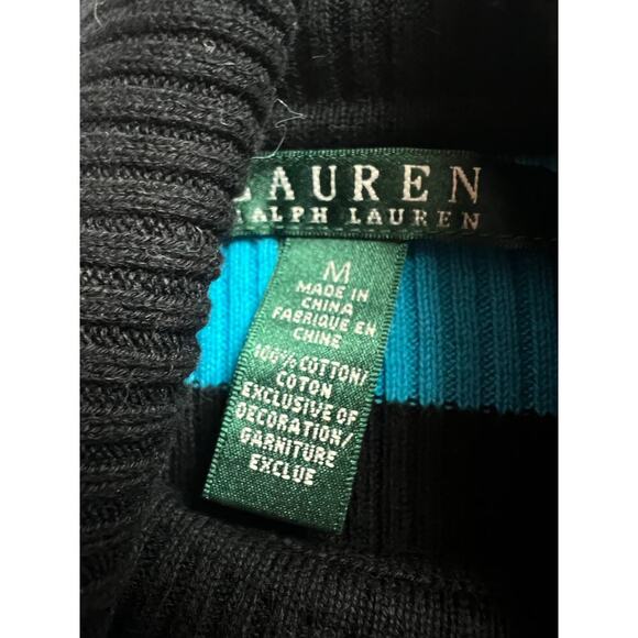 Lauren Ralph Lauren Black Turquoise Blue Striped Rib Turtleneck Sweater Medium - Picture 2 of 5